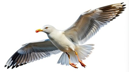 A striking seagull soars gracefully against a pristine white backdrop, embodying the essence of nature and wildlife in flight. A powerful symbol of freedom.