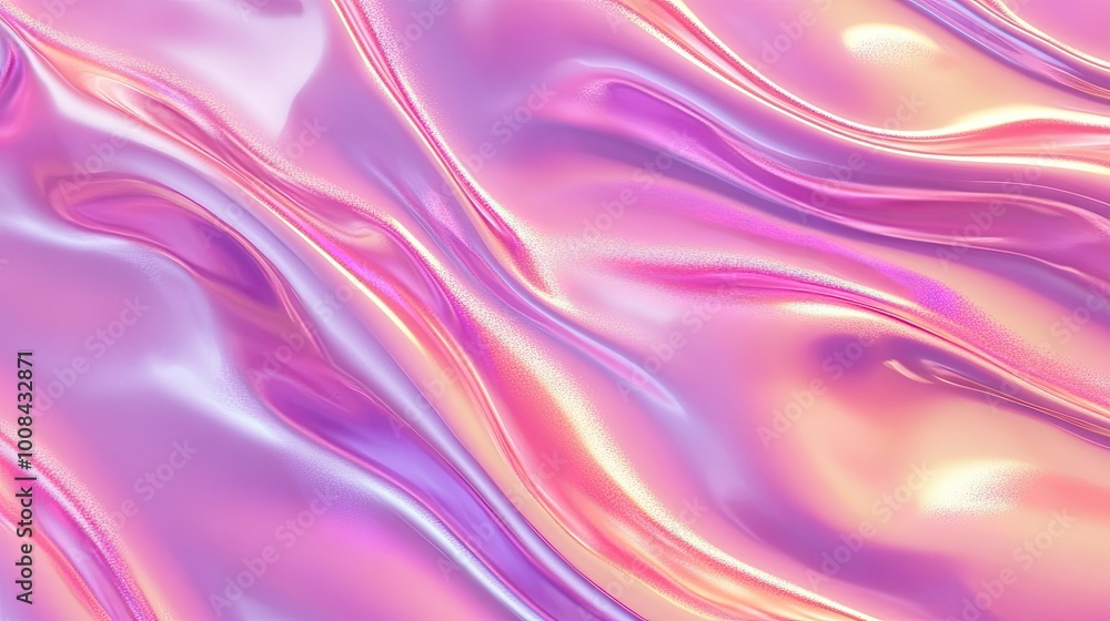 Poster abstract holographic background with pink and violet gradients. shiny metallic texture creating flui