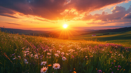 Expansive Wildflower Meadow At Sunset With Distant Barn And Vibrant Evening Sky