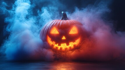 Spooky jack o lantern surrounded by smoke and mist. Happy Halloween. Jack-o-lantern.