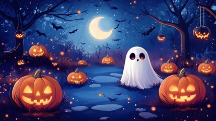 Enchanting Halloween Pumpkin and Ghost Scene in Haunted Autumn Forest