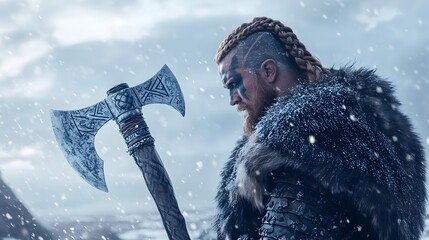 12. Viking warrior with braided hair holding a large battle axe in a snowy landscape