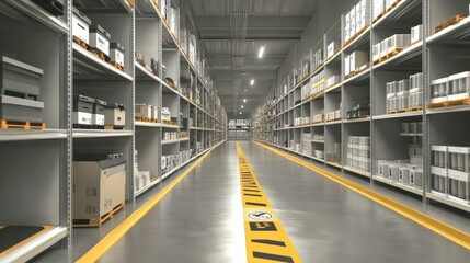 Fototapeta premium Aisles in a hypermarket warehouse, filled with labeled shelves and safety markings on the floor, providing a clean and efficient workspace for inventory management.