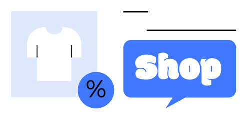 Shopping concept with a t-shirt and a discount percentage icon. Speech bubble with word Shop. Ideal for online stores, discounts, sales, promotions, and e-commerce. Minimalist, clean, modern style