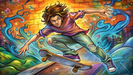 Skateboarding Trickster A carefree teen boy with shoulder-length hair, performing a mid-air trick on his skateboard, graffiti walls in the background.