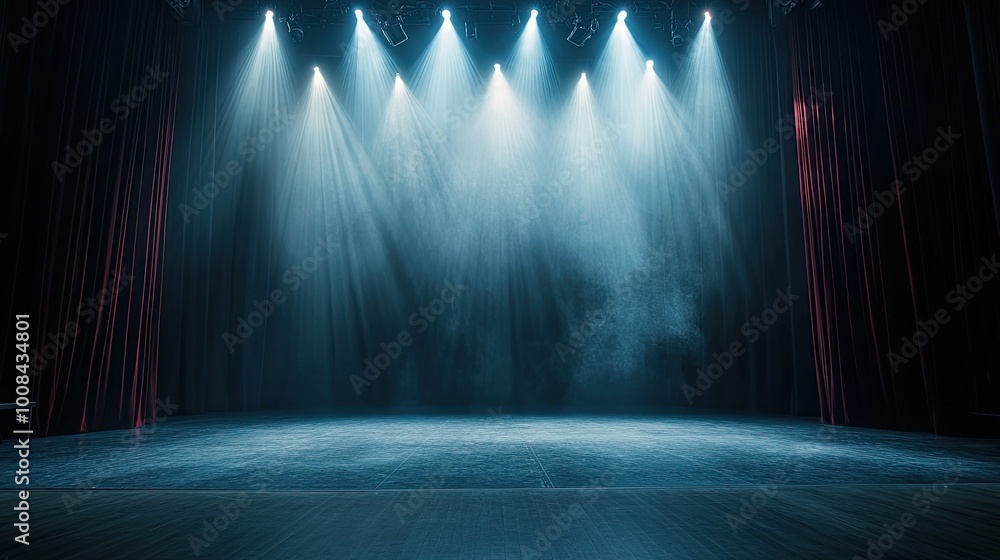 Poster an empty theater stage, lit by bright spotlights that sharply define the performance area, with a da
