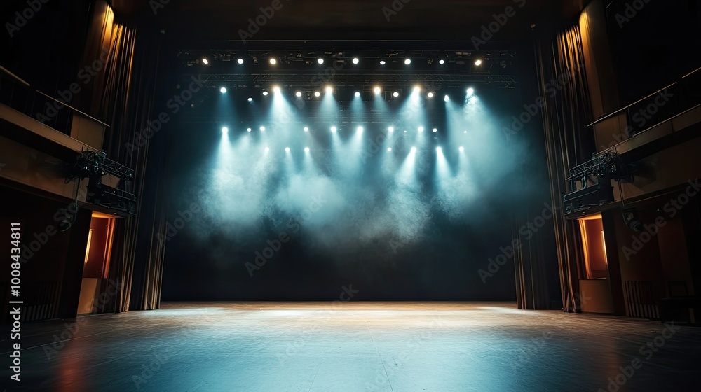 Poster an empty theater stage, lit by bright spotlights that sharply define the performance area, with a da
