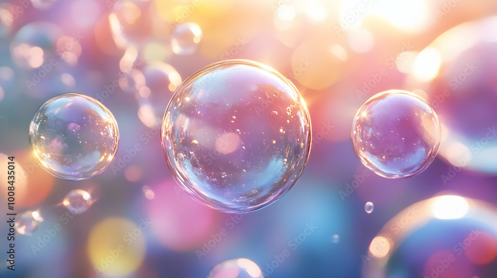 Wall mural abstract background of floating soap bubbles on a colorful backdrop