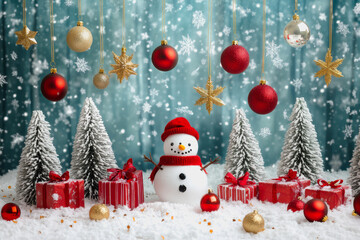 Obraz premium Playful winter wonderland with snowman, Christmas gifts, and festive decorations