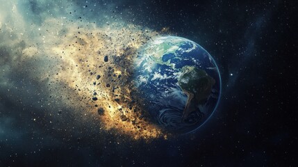 Fototapeta premium A digital depiction of Earth disintegrating into cosmic debris.