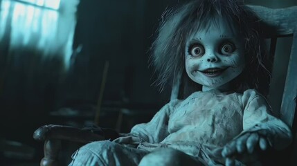 Creepy Haunted Doll with Wide Eyes in a Dark, Abandoned Room, Perfect for a Halloween Horror Theme or Scary Movie Setting