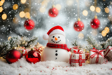 Playful winter wonderland with snowman, Christmas gifts, and festive decorations