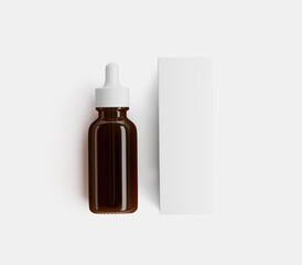 Realistic Brown Glass Dropper Bottle Mockup with White Cap Isolated on Light Background. 3D rendered, Illustration, Mockup Ready, can be used for Cosmetics, Natural, Beauty, Spa Products.