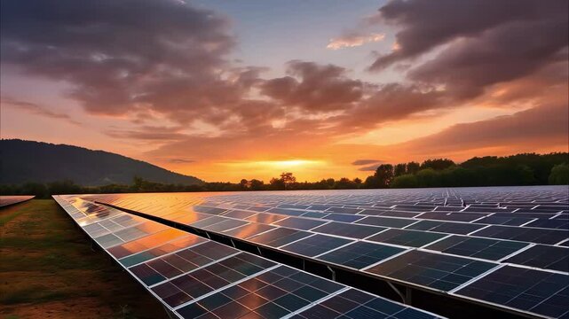 A solar panel farm at sunset, with rows of solar panels reflecting warm colors in the sky and mountains in the background.