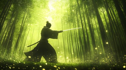 14. Samurai figure performing a precise sword technique in a bamboo forest