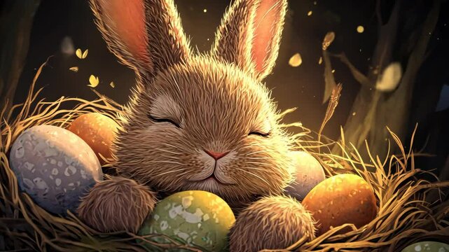 A brown bunny sleeps peacefully in a nest of hay surrounded by colorful Easter eggs