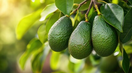 Avocados growing on the tree, surrounded by healthy green leaves and branches, captured in a serene farm landscape.