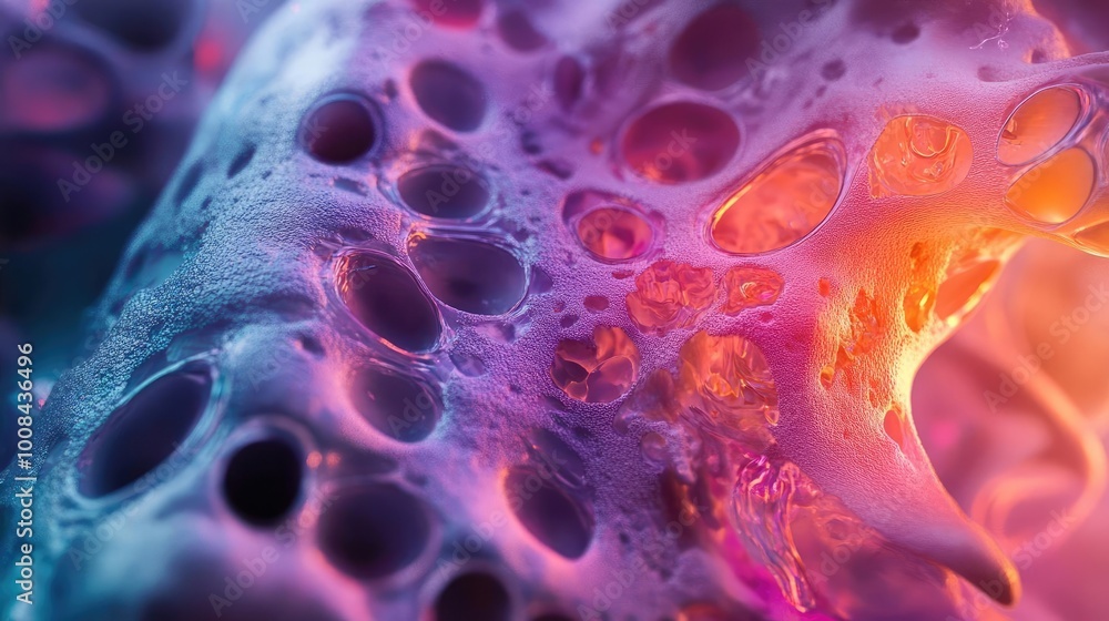 Poster abstract close-up of colorful organic texture with intricate holes and gradients, showcasing vibrant