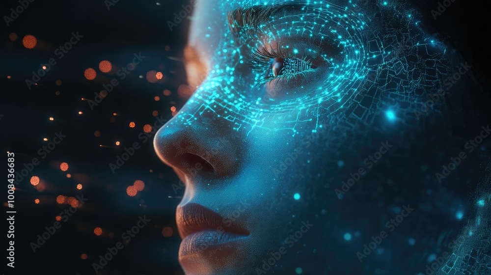 Poster A close-up of a futuristic face with glowing blue patterns, representing technology and digital innovation.