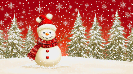 Fototapeta premium Playful snowman in a Christmas-themed winter forest with falling snow