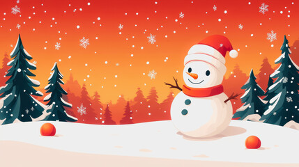 Playful snowman in a Christmas-themed winter forest with falling snow