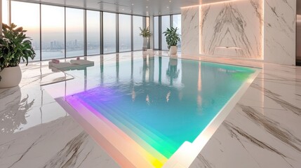 A posh indoor pool with a rainbow light feature and white marble decking