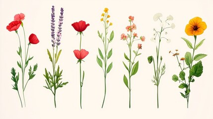 Obraz premium Collection of colorful wild flowers isolated on white background.