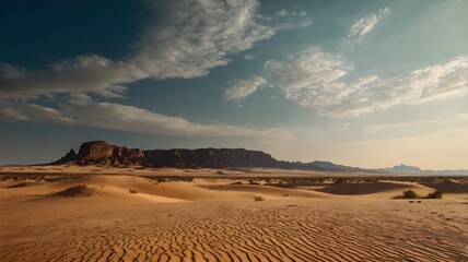 Extensive sandy desert landscape with impressive mountains in the background, featuring dry and sun-baked dunes, complemented by rugged terrain that reflects the essence of Death Valley