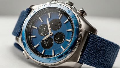 New modern wristwatch with blue strap on white background.