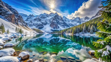 Fototapeta premium A winter wonderland unfolds at Frozen Morskie Oko Lake in Poland, framed by stunning, snow-capped mountains that create a breathtaking and serene landscape.