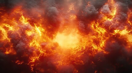 Obraz premium Blazing fire and smoke effect with glowing reds and yellows. Exploding flames create a dramatic, hot scene with a central dark space.