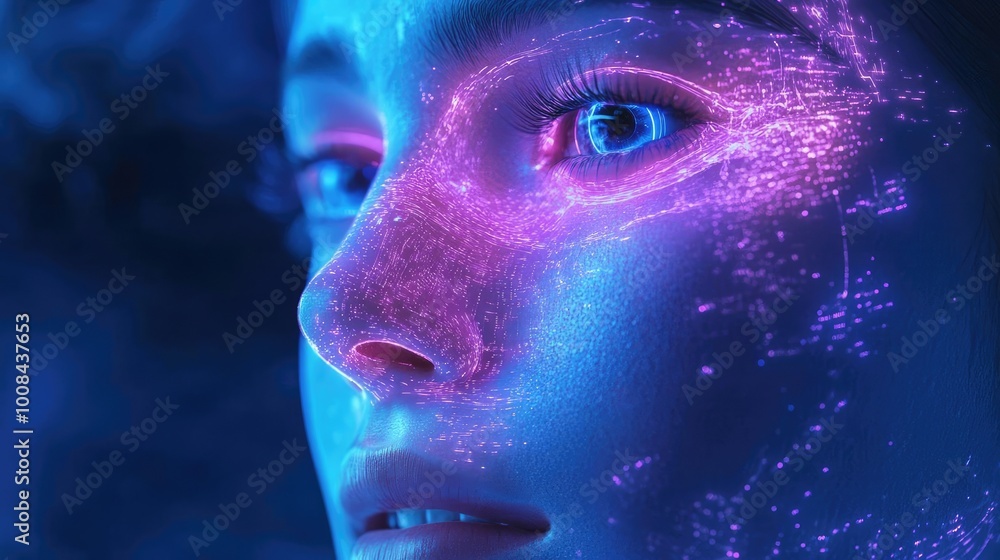 Poster a close-up shot of a person's face illuminated by vibrant neon lights, showcasing a futuristic and e
