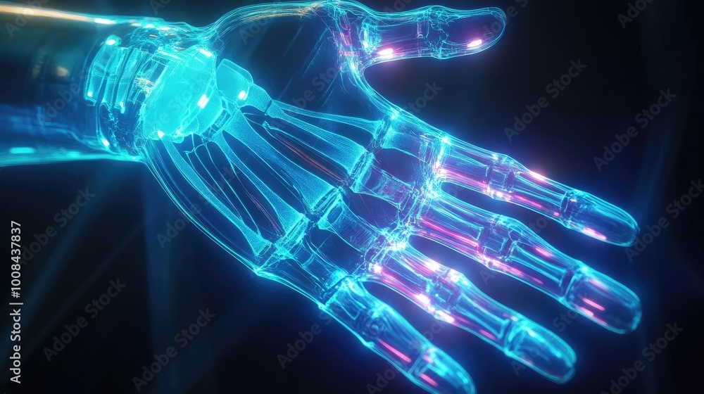 Poster A futuristic robotic hand illuminated with vibrant neon lights, showcasing advanced technology and innovation in robotics.