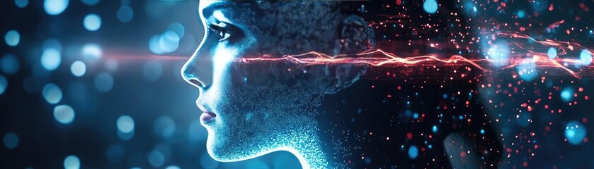 A stunning profile of a woman with glowing digital effects, symbolizing technology, creativity, and the fusion of human and digital worlds.