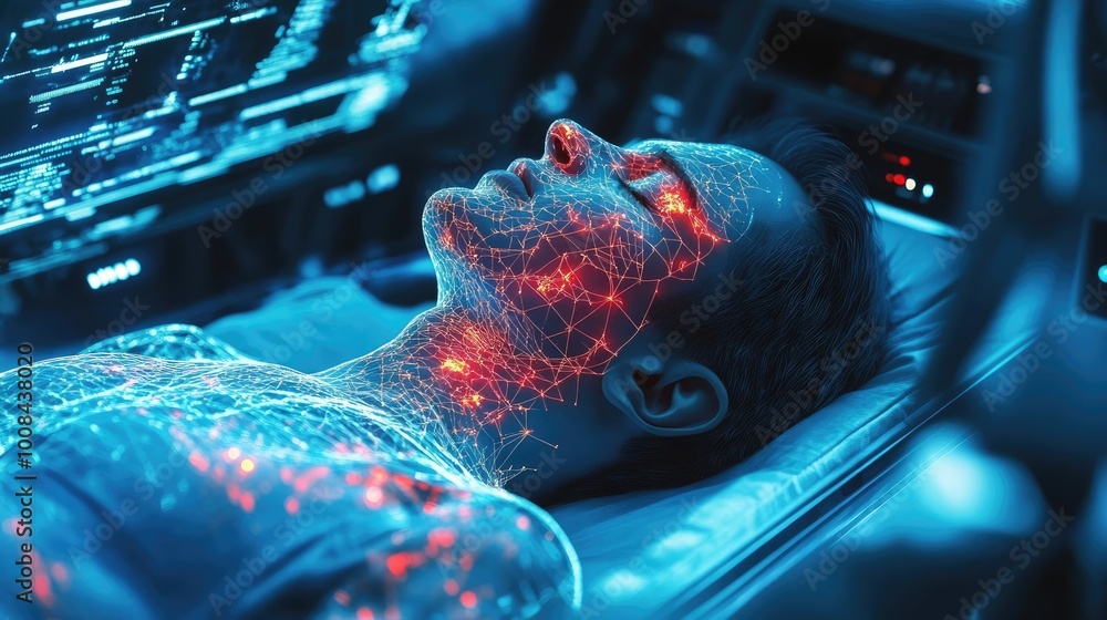 Poster A futuristic scene showcasing a person in a high-tech pod, surrounded by glowing digital patterns and data projections.