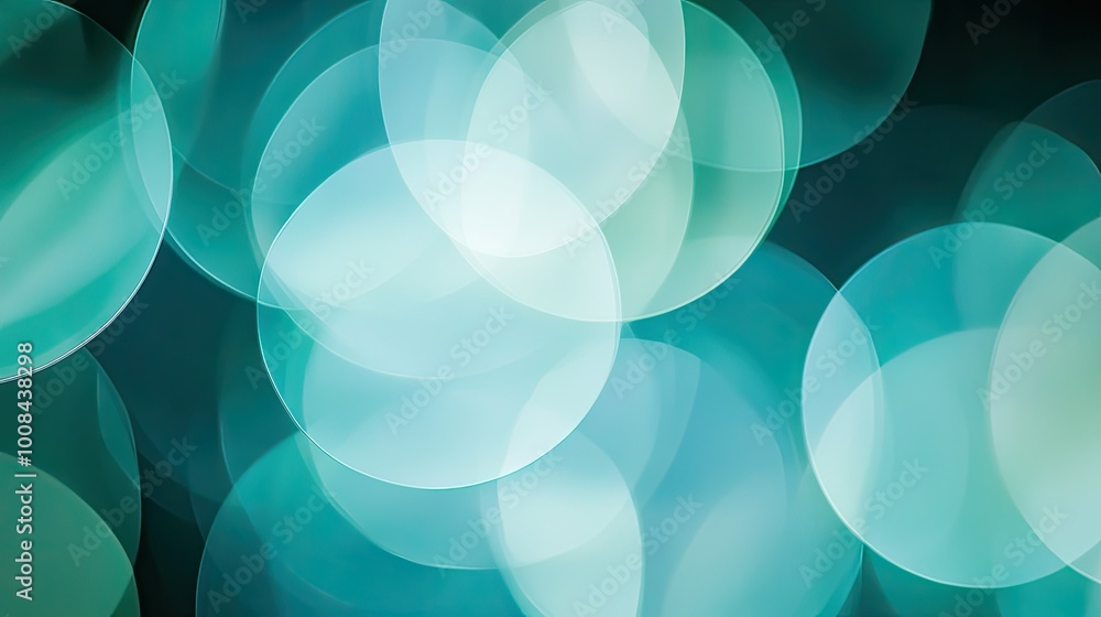 Poster blue-green abstract bokeh background, soft, overlapping circular shapes with smooth gradients from l