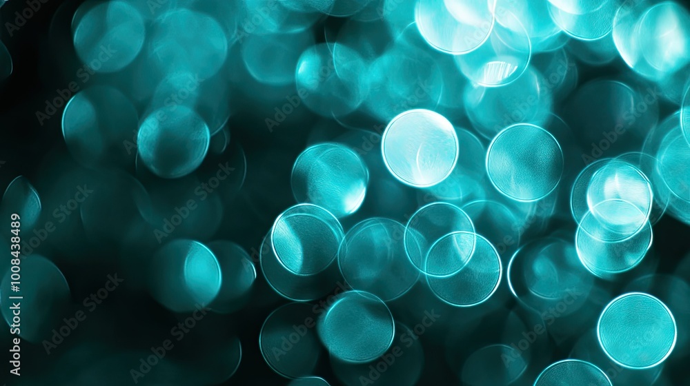 Poster blue-green abstract bokeh, soft-edged circular shapes, macro lens photography with transitions betwe