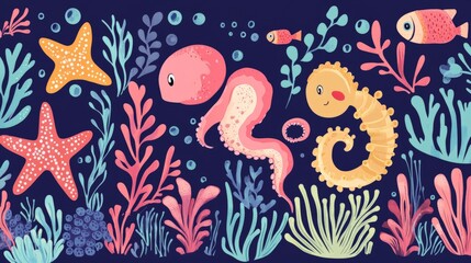 Fototapeta premium Colorful cartoon sea life pattern with starfish, seaweed, octopus, and seahorse on a dark blue background.