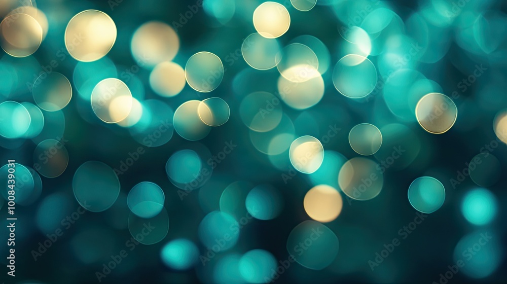 Poster blurred blue-green background with bokeh circles, soft light transitions, macro photography creating