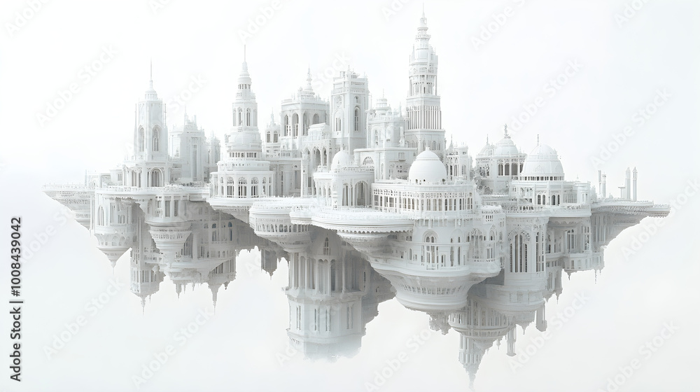 Poster famous architectural structures floating or twisted with surreal elements