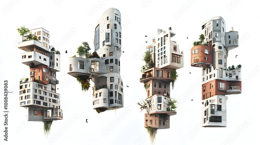 Poster famous architectural structures floating or twisted with surreal elements