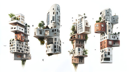 Naklejka premium Famous architectural structures floating or twisted with surreal elements