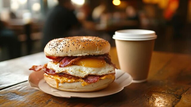 Breakfast sandwich on a bagel with eggs, bacon and cheese, served on a paper plate with a cup of coffee on the side. The atmosphere of the shop is like a morning coffee shop.