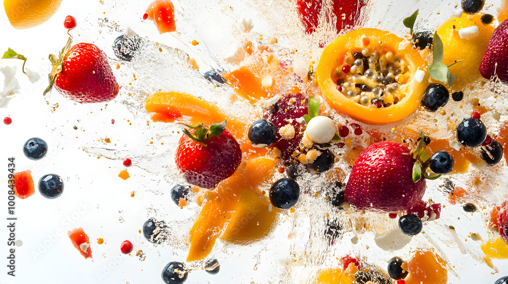Poster fruits bursting open with unexpected objects or abstract elements inside