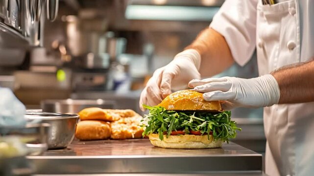 Chefs prepare sandwiches in the restaurant's kitchen, focusing on the final touches of mustard and arugula.