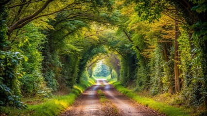 Obraz premium Sunlit Path Through Lush Greenery, A Secluded Forest Road With A Canopy Of Leaves