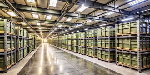 Fototapeta premium Rows of stacked green metal containers in a warehouse with a reflective floor and overhead lighting