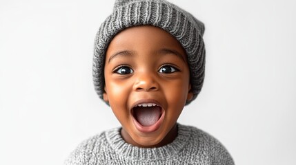 A charming portrait of a dark-skinned boy with an astonished expression