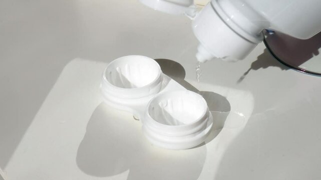 Pouring contact lens solution into a contact lens case. the concept of correcting myopia and hyperopia.