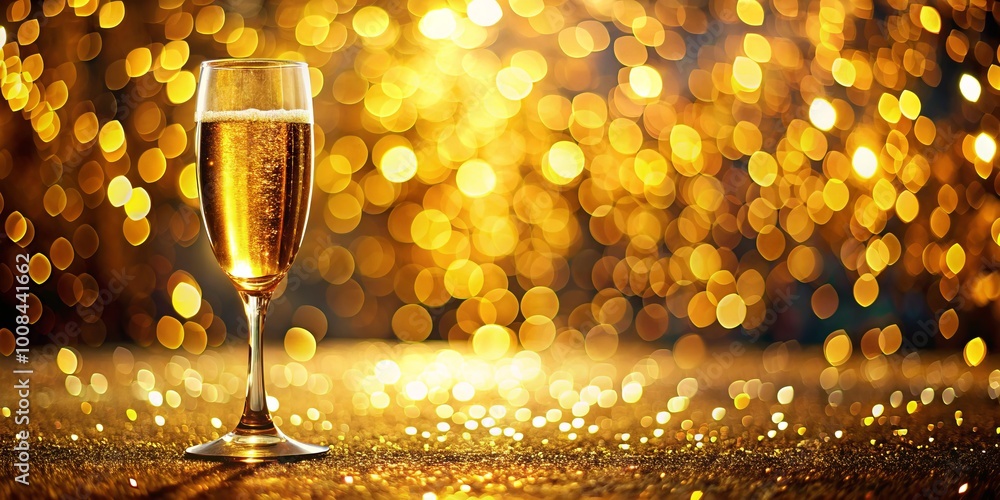 Poster an elegant abstract design with sparkling gold champagne bokeh, incorporating a dazzling shine effec